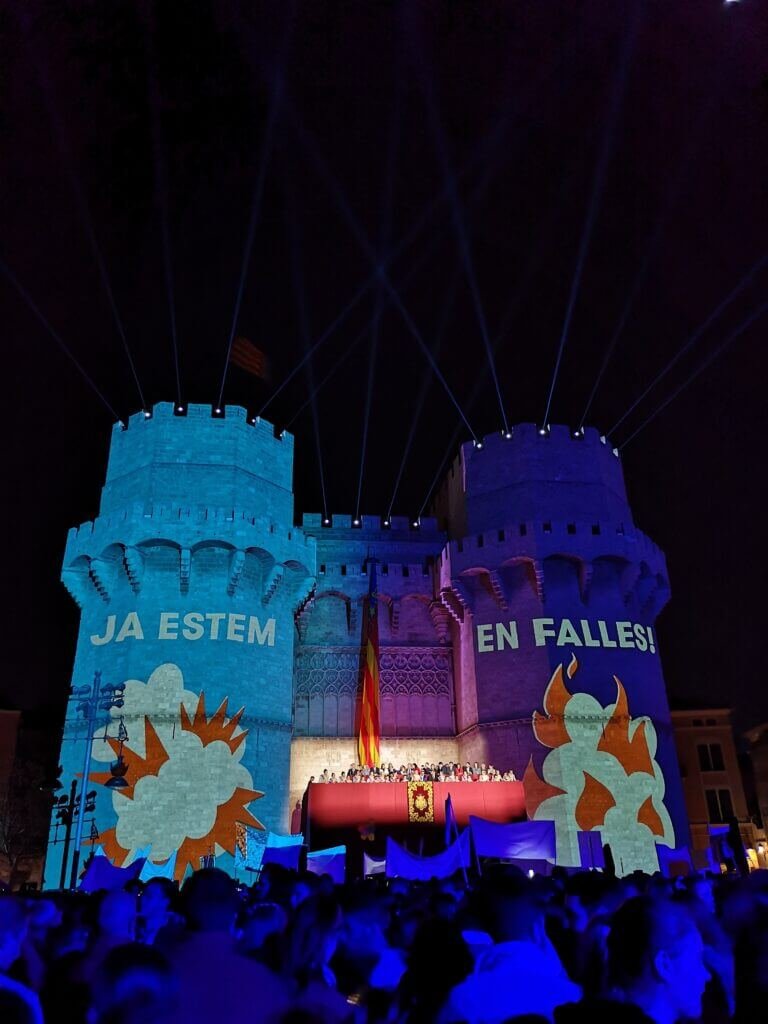 A photo of the Torres dels Serrans in Valencia in February. The lightshow is used for La Crida