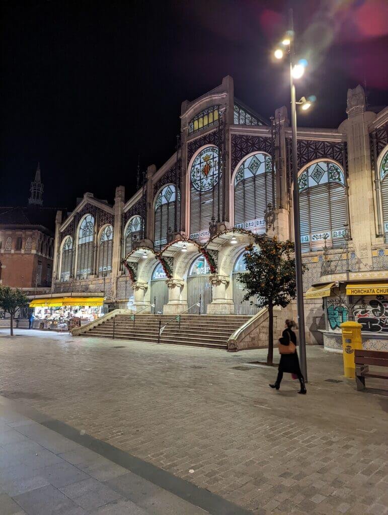 Nighttime view of the central market of Valencia