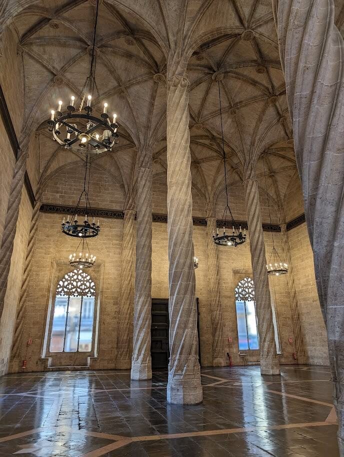 Gothic-style entrance to La Llotja de la Seda, with stone carvings and historic arches