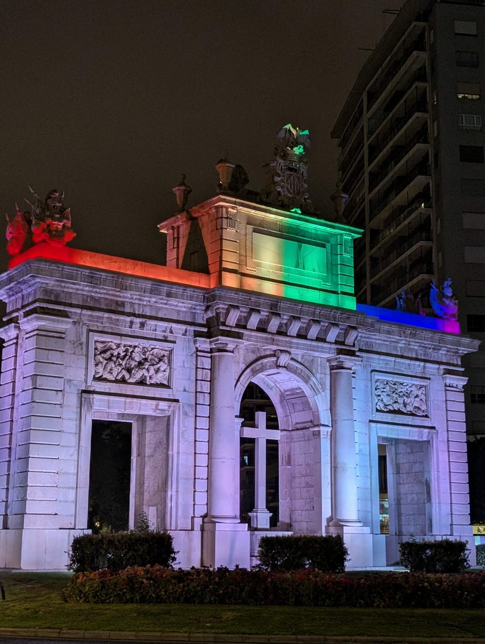 The Porta Del Mar lit up in rainbows during pride